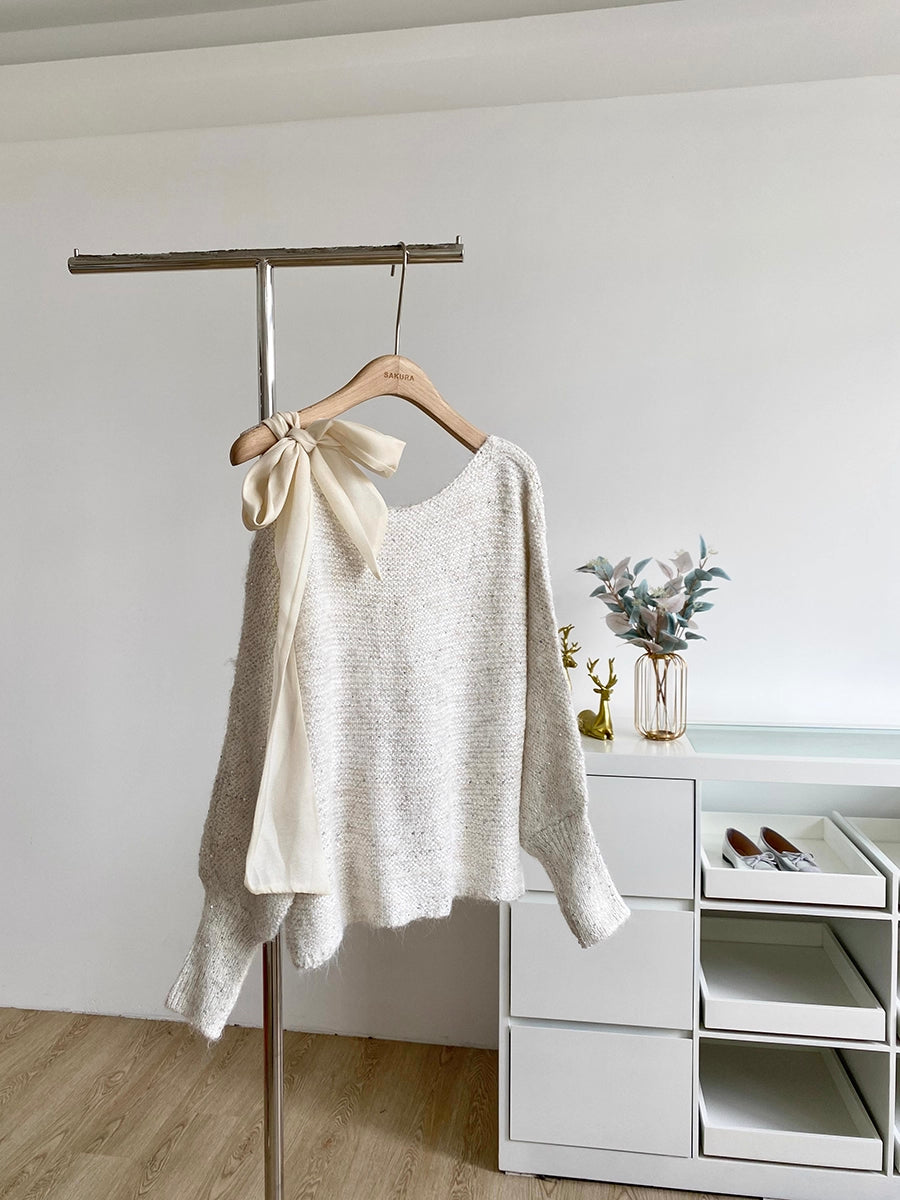 Sequin Off Shoulder Bow Sweater (4 Colors)