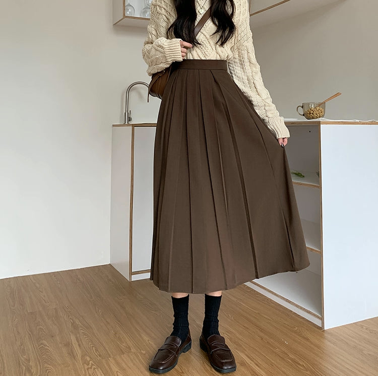 Woven Pleated Midi Skirt (2 Colors)
