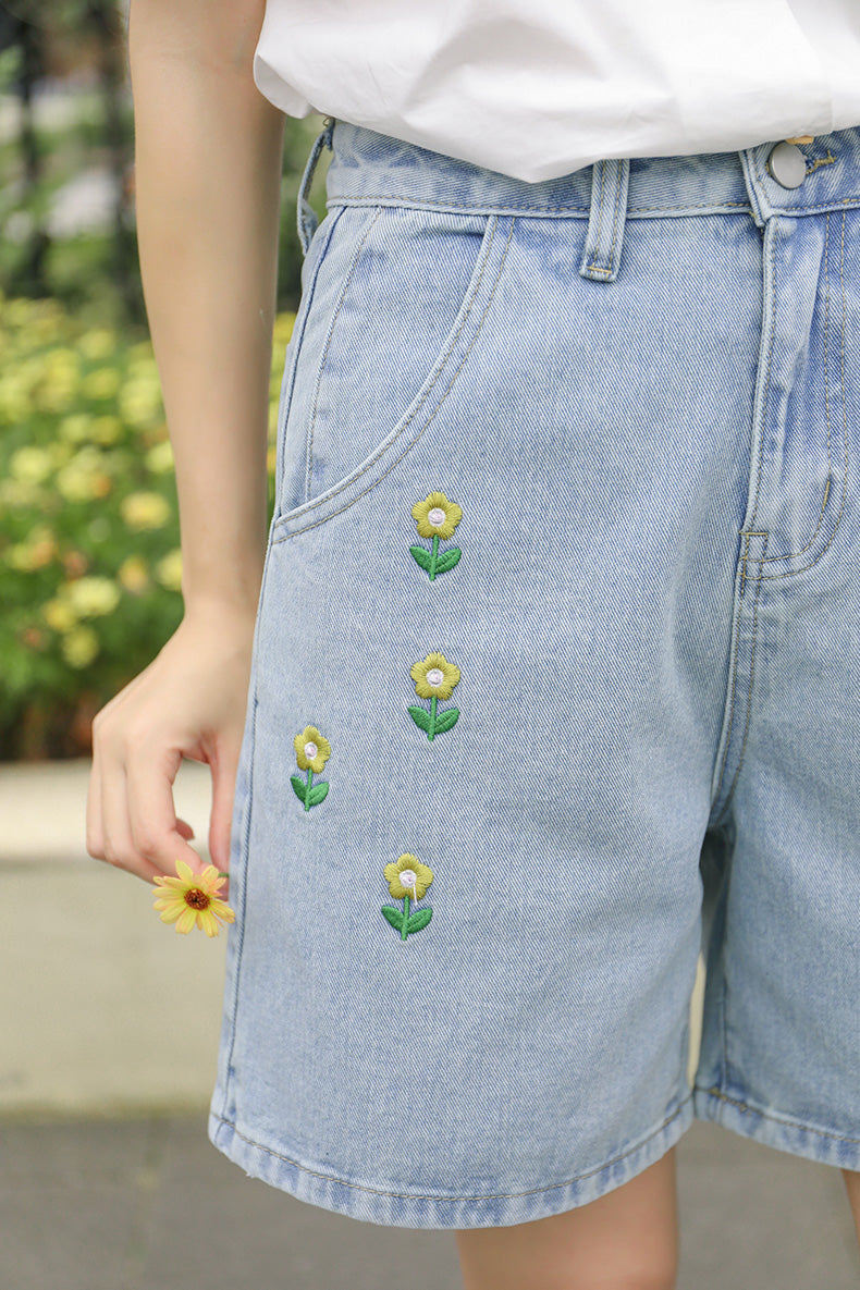 Flower Pop Embroidered Shorts (Light Denim)