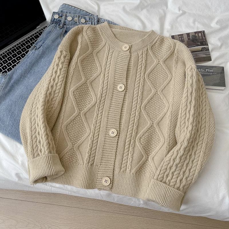 Cable Knit Round Neck Cardigan (7 Colors)