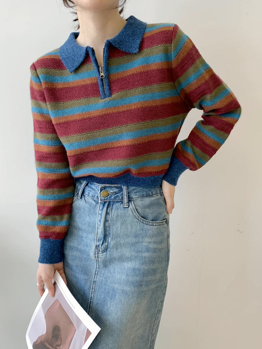 Autumn Vintage Stripe Polo Sweater (Blue/Red)