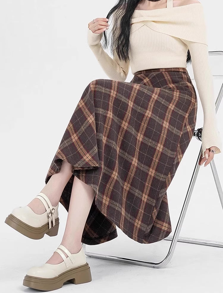Oxford Plaid Midi Skirt (Brown)