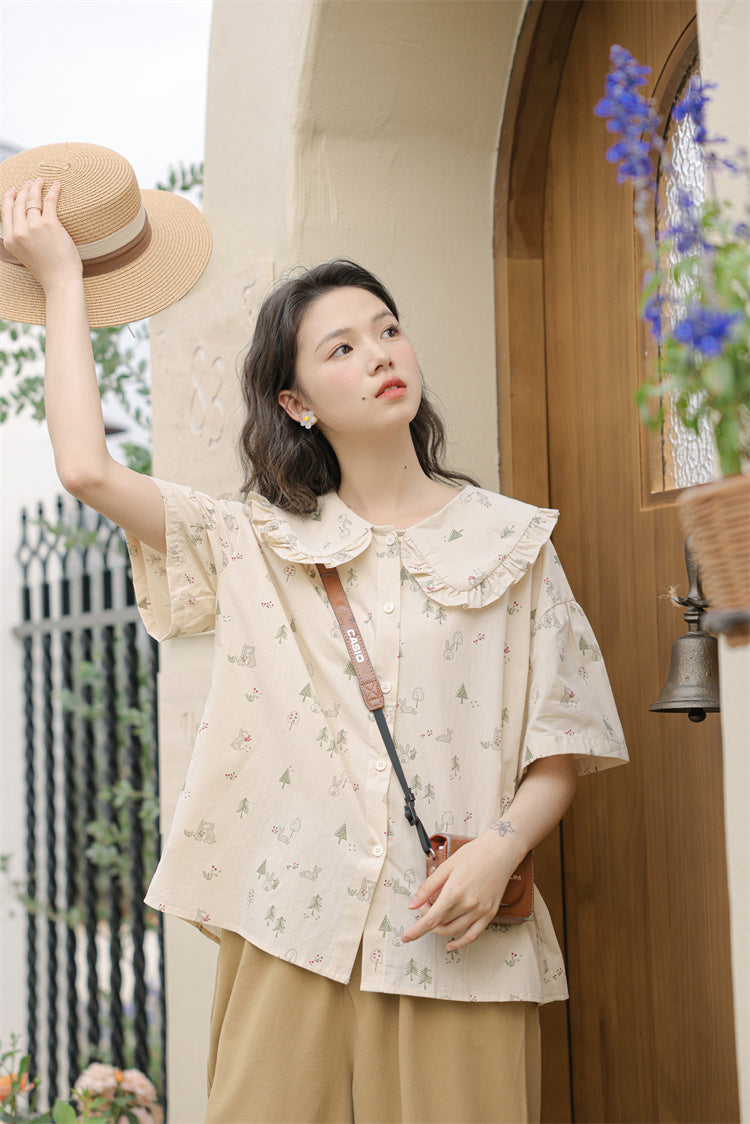 Forest Bunny Button Up Shirt (Beige)