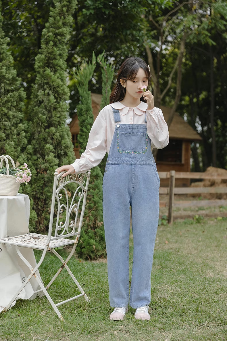 Retro Floral Embroidered Denim Overalls (Medium Blue)