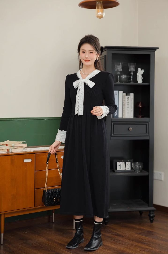 Lace Trim Sweater Midi Dress (2 Colors)