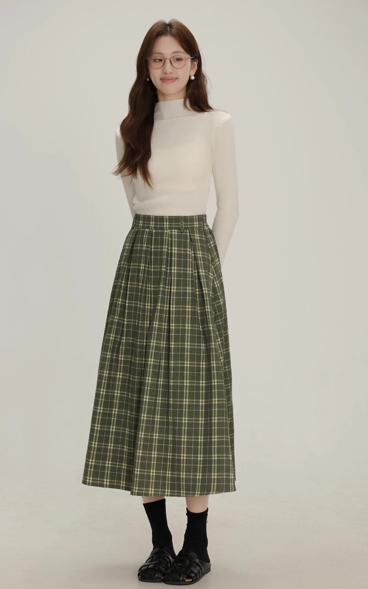 Evergreen Plaid Midi Skirt (Green)