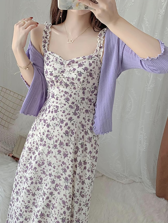 Enchanted Floral Midi Dress (White/Purple)