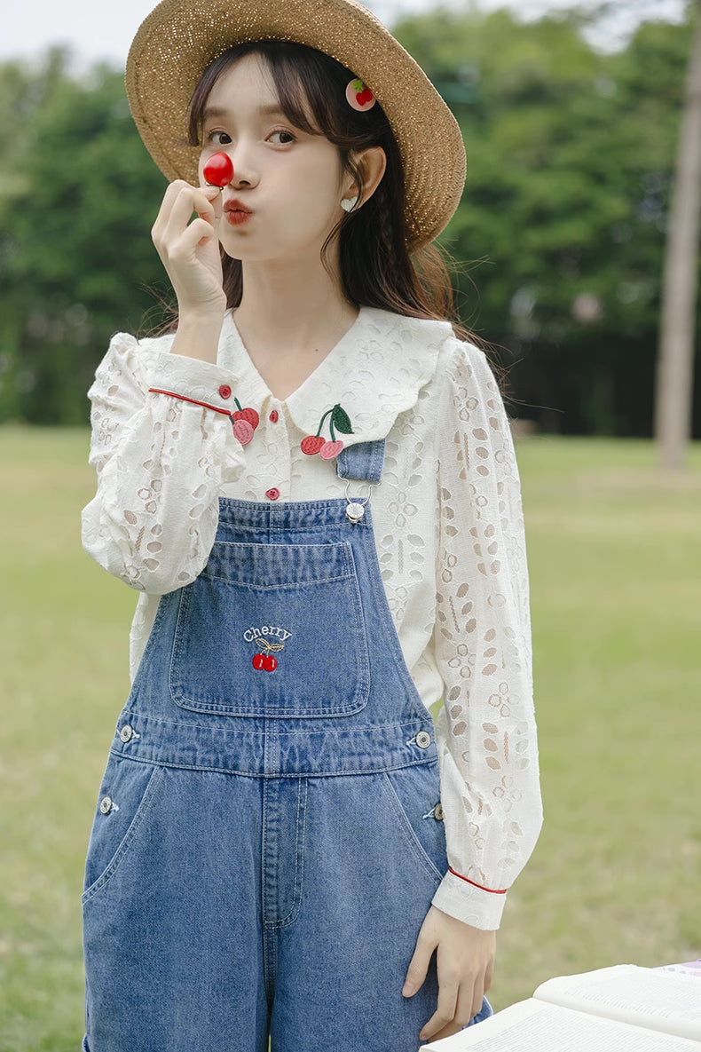 Cherry Denim Overalls (Medium Blue)