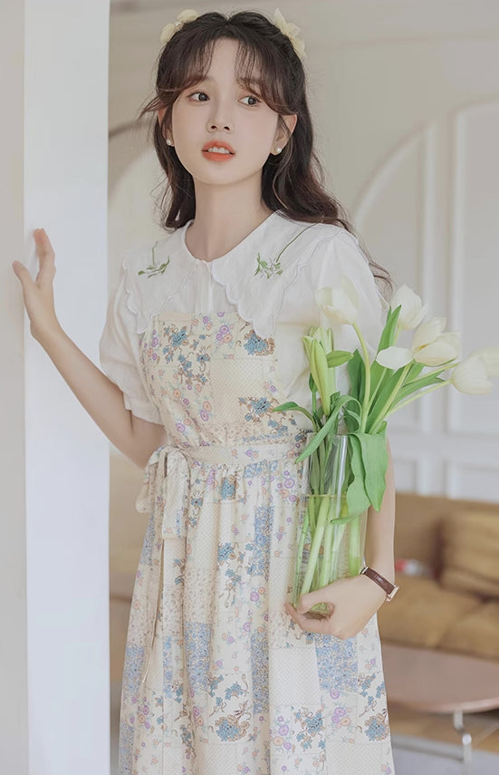 Ditsy Floral Patchwork Apron Dress (White)