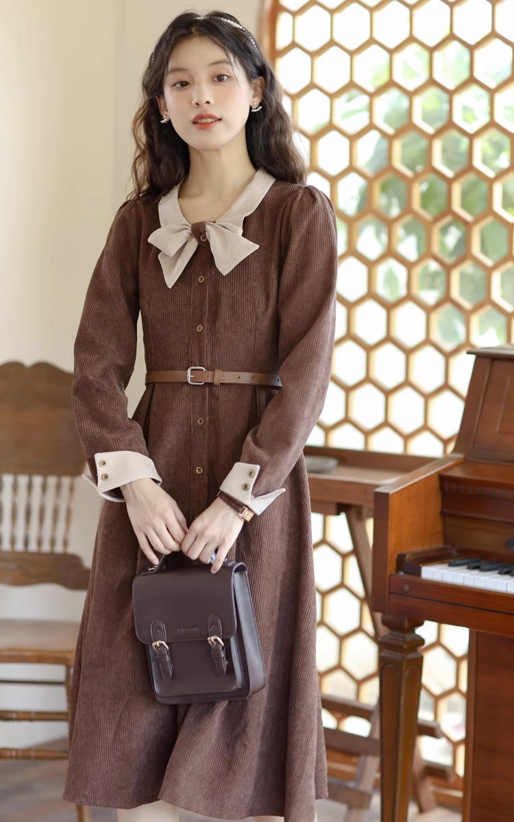 Bow Collar Corduroy Button Down Dress (Chocolate)