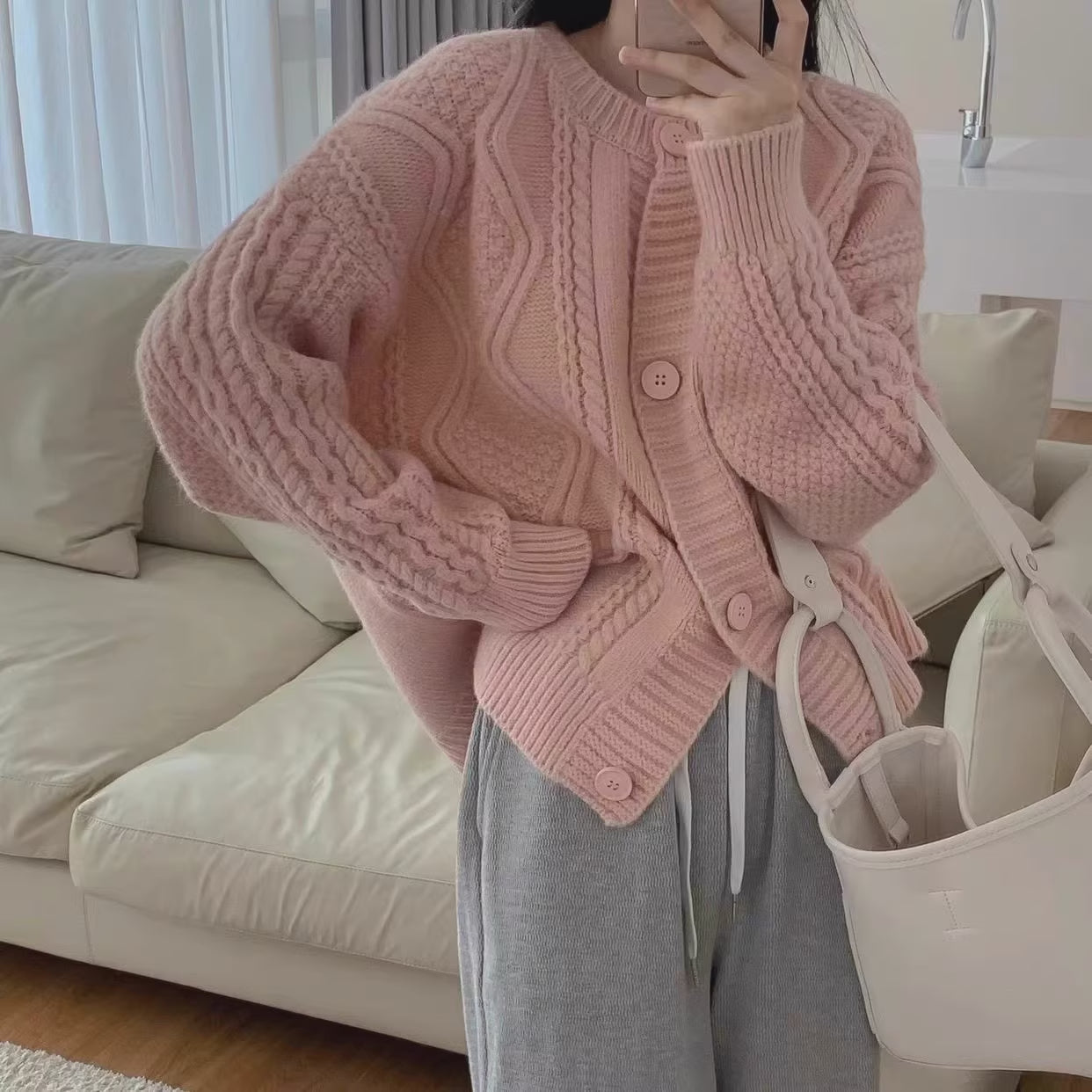 Cable Knit Round Neck Cardigan (7 Colors)