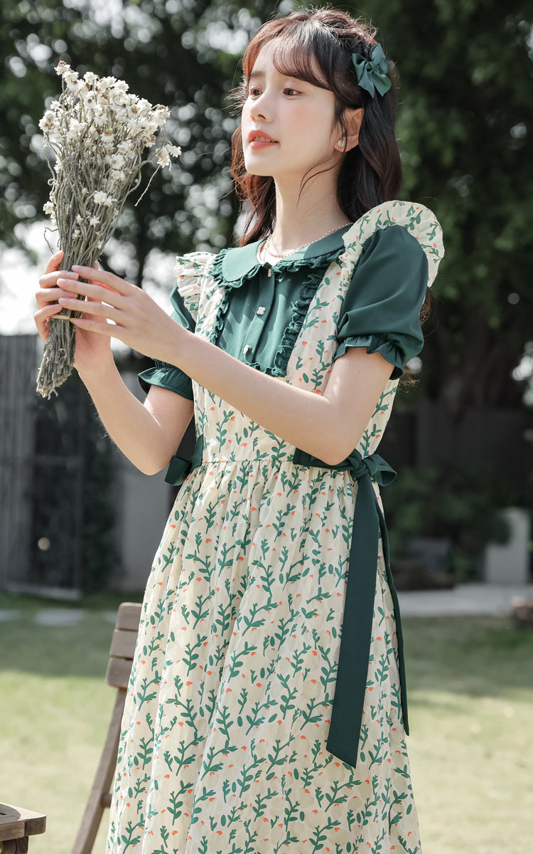 Flower Buds Pinafore Twofer Dress (Dark Green/White)