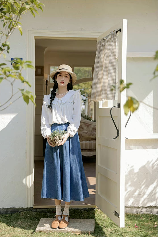 Pleated Denim Midi Skirt (3 Colors)