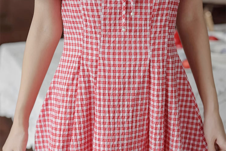 Plaid Puff Sleeve Midi Dress (Red)