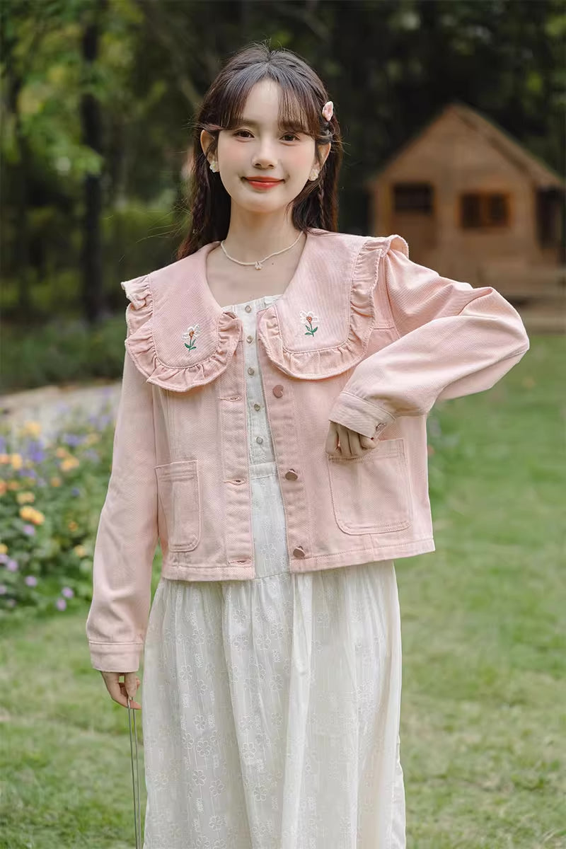 Sweet Heart Flower Embroidered Jacket (Pink)