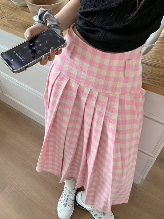 Gingham Pleated Midi Skirt (Pink)