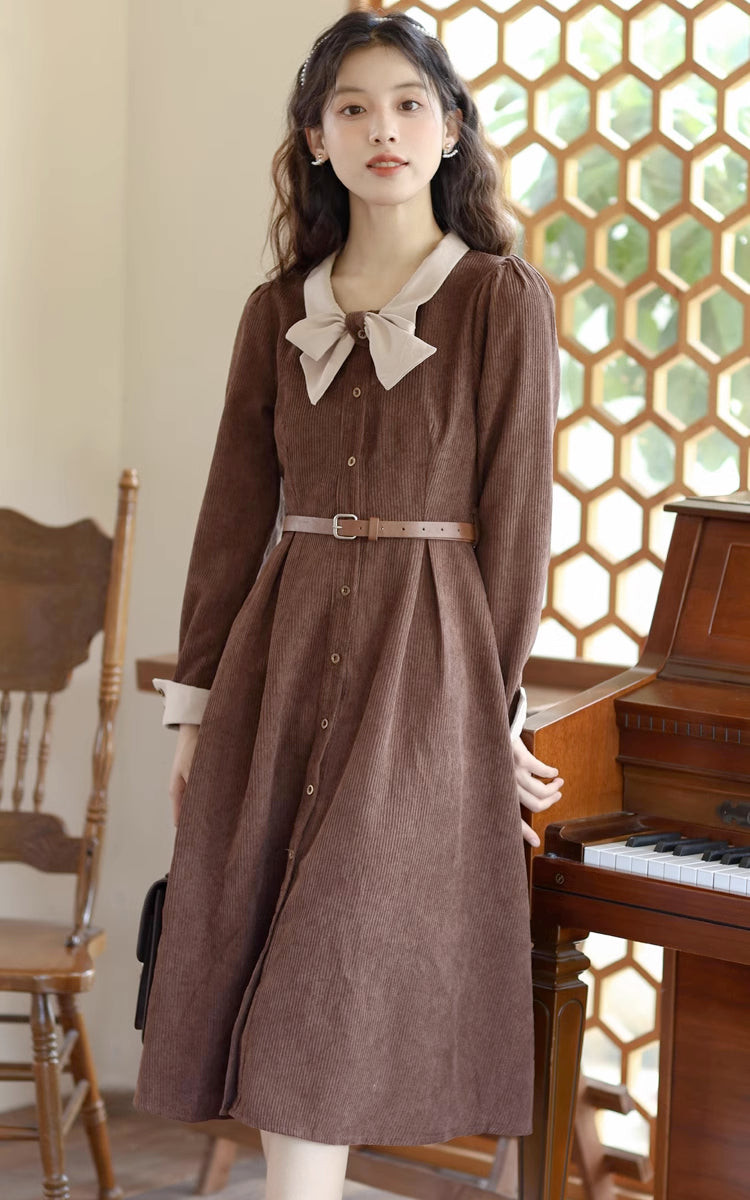 Bow Collar Corduroy Button Down Dress (Chocolate)
