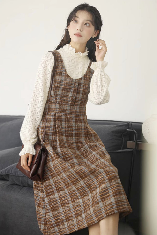 Sunset Plaid Pinafore Midi Dress (Brown)