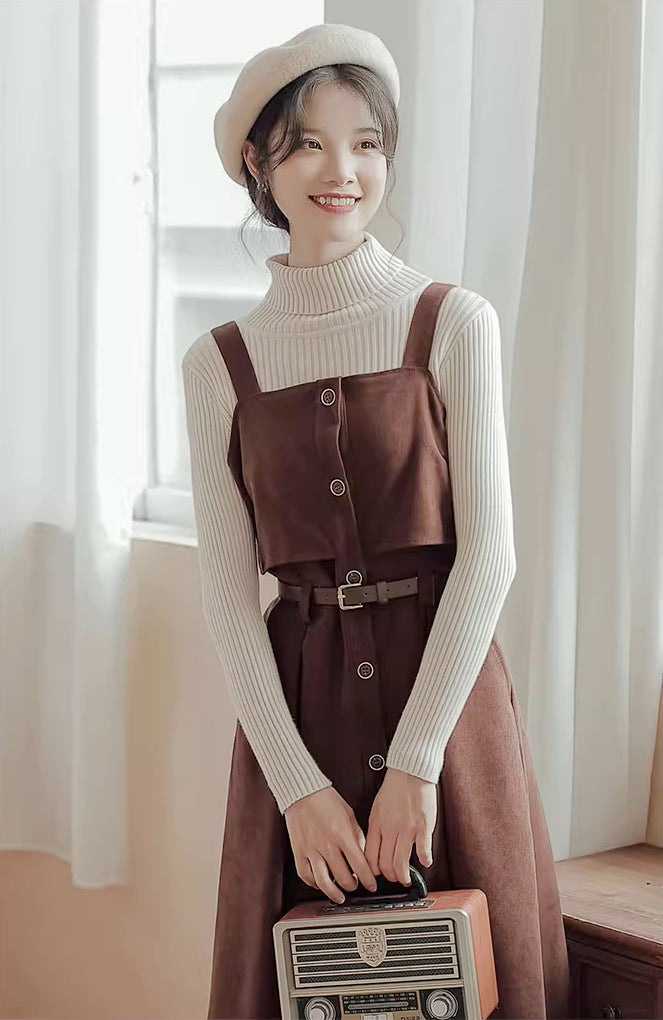 Suede Button Up Cami Pinafore Dress (4 Colors)
