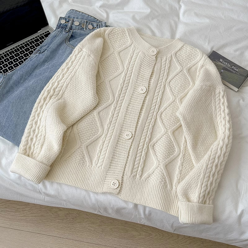 Cable Knit Round Neck Cardigan (7 Colors)