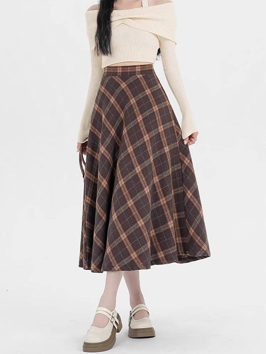 Oxford Plaid Midi Skirt (Brown)