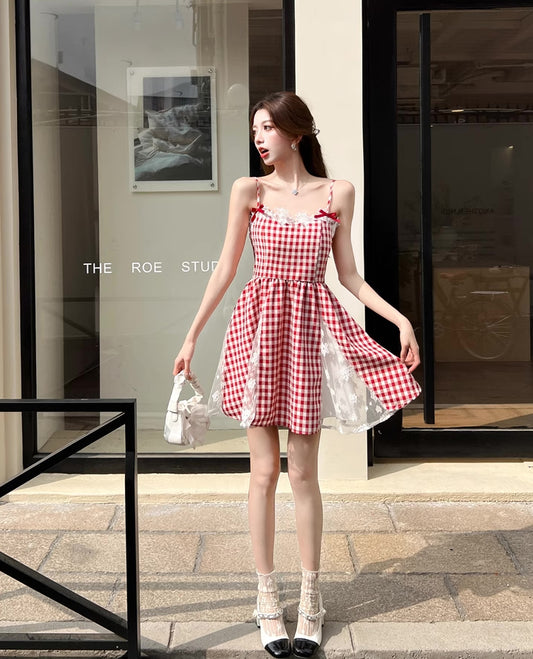 Gingham Lace Cami Mini Dress (Red)