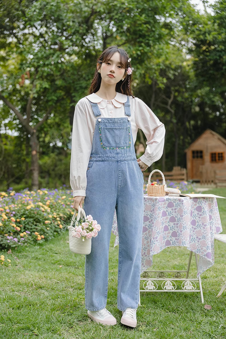 Retro Floral Embroidered Denim Overalls (Medium Blue)