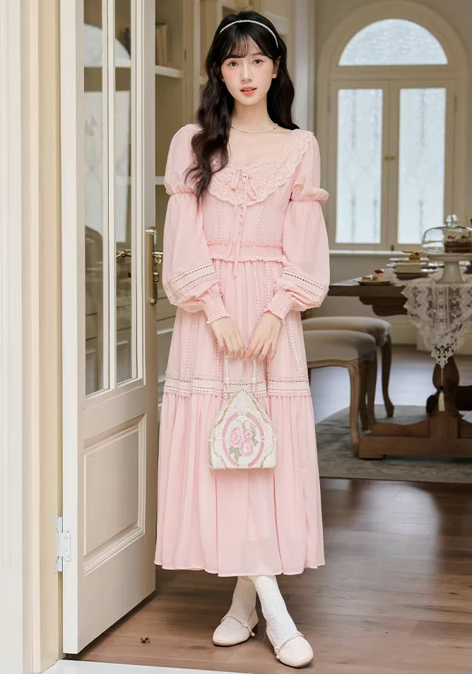 Eyelet Lace Tiered Midi Dress (Pink)