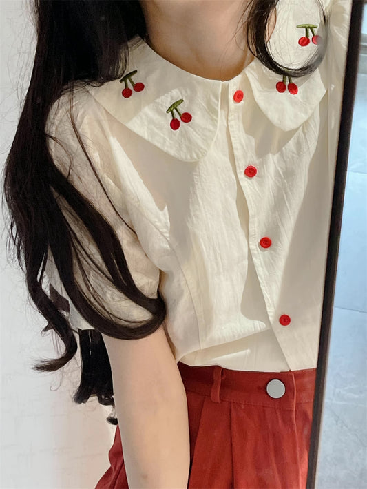 Double Cherry Cropped Blouse (White)
