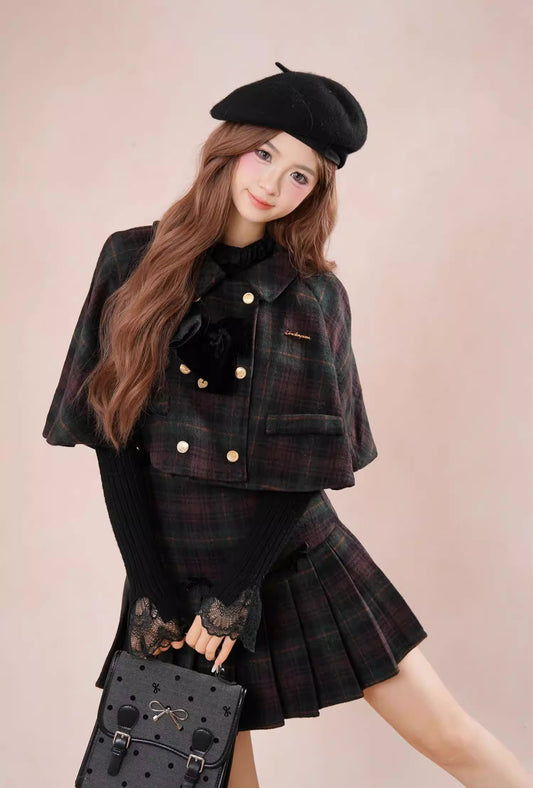 Black Forest Plaid Capelet & Mini Skirt Set (Green/Purple)