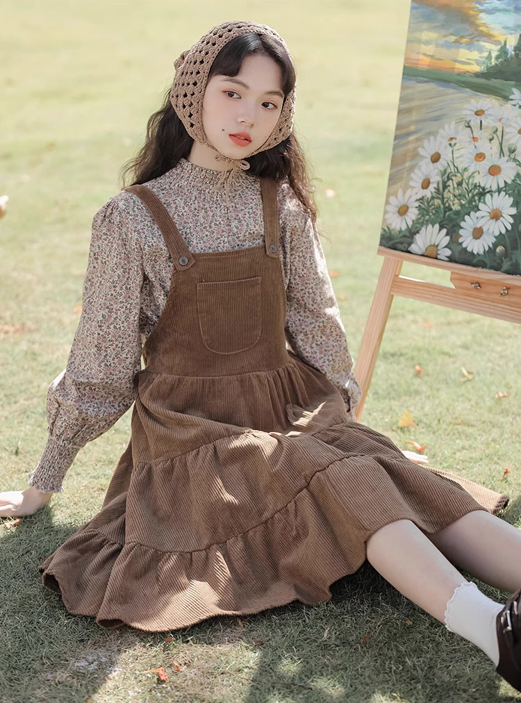 Tiered Corduroy Pinafore Dress & Blouse (Brown)