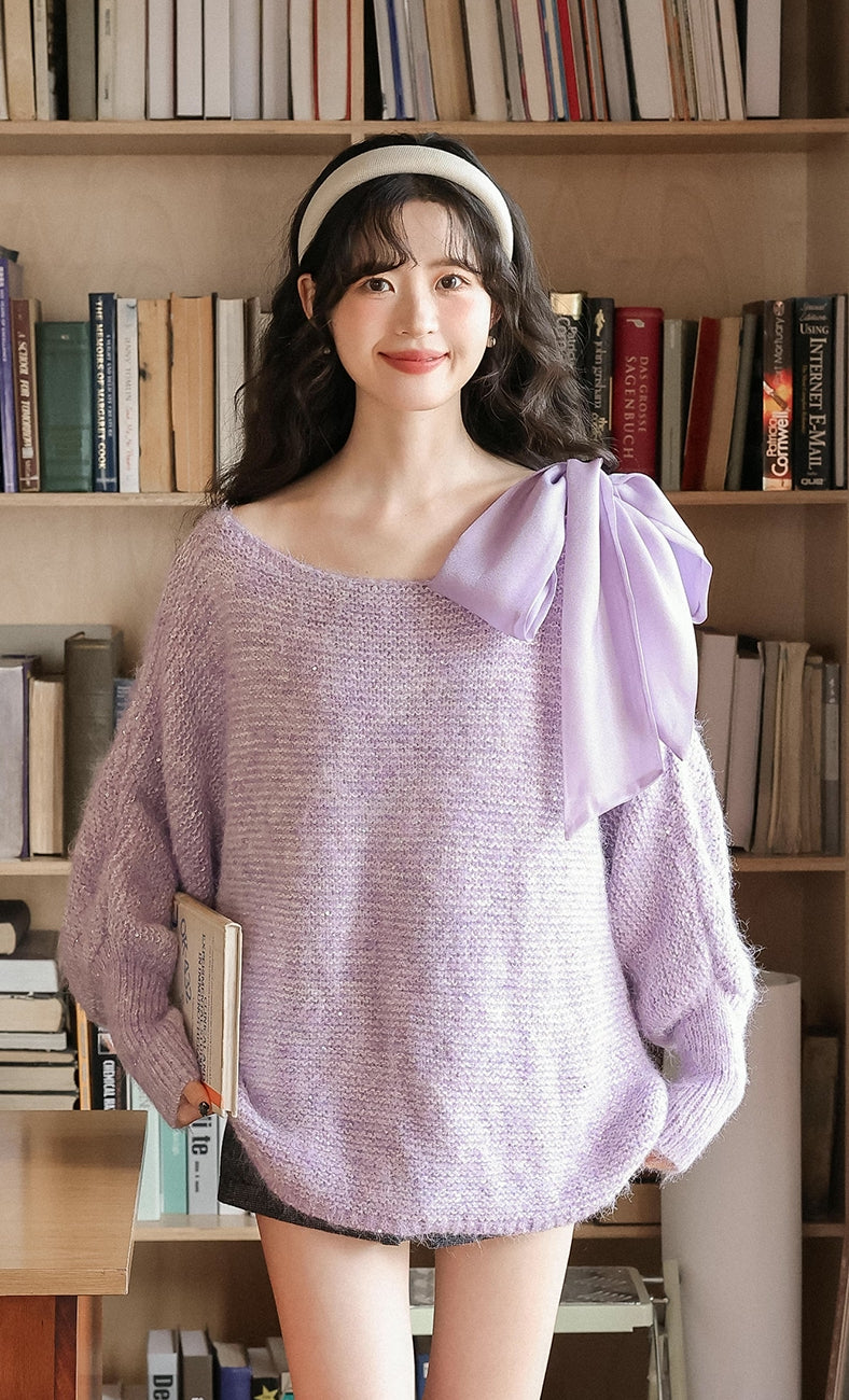 Sequin Off Shoulder Bow Sweater (4 Colors)