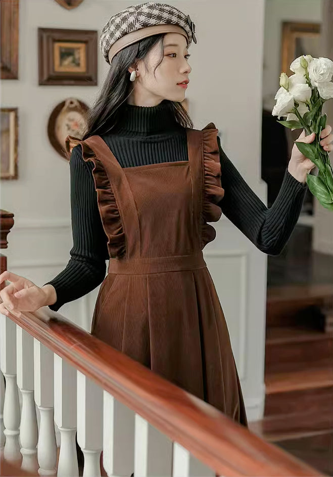 Frilly Corduroy Apron Pinafore Dress (3 Colors)