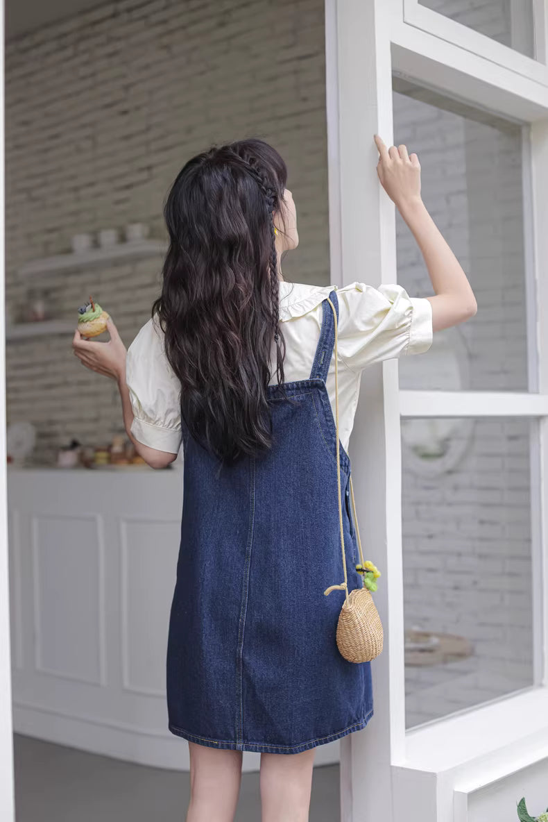 Flower Embroidered Mini Pinafore Dress (Dark Denim)