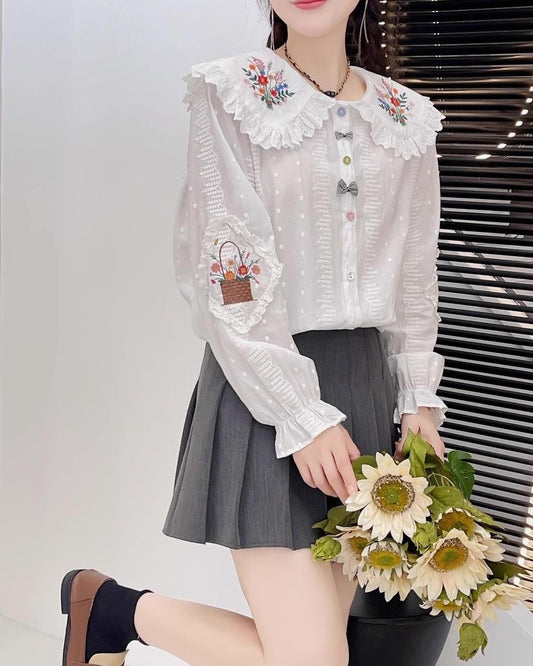Flower Basket Embroidered Blouse (2 Colors)
