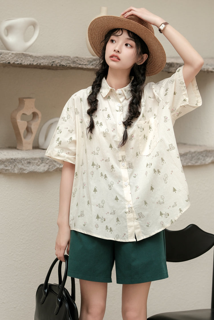 Boyfriend Forest Bunny Button Up Shirt (Beige)