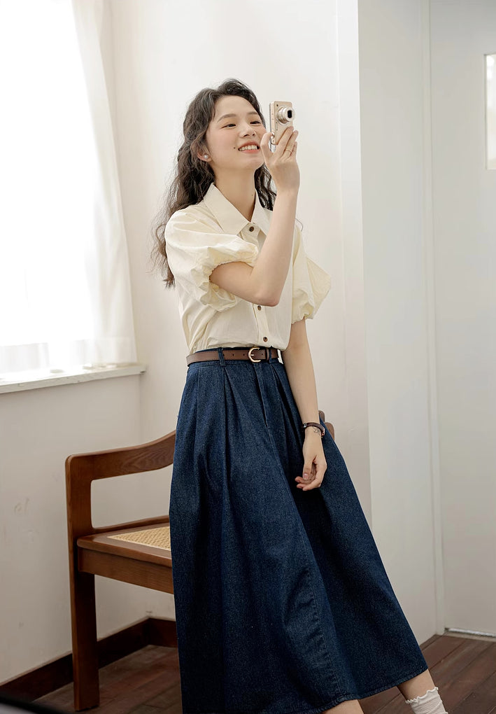 Pleated Denim Midi Skirt (3 Colors)