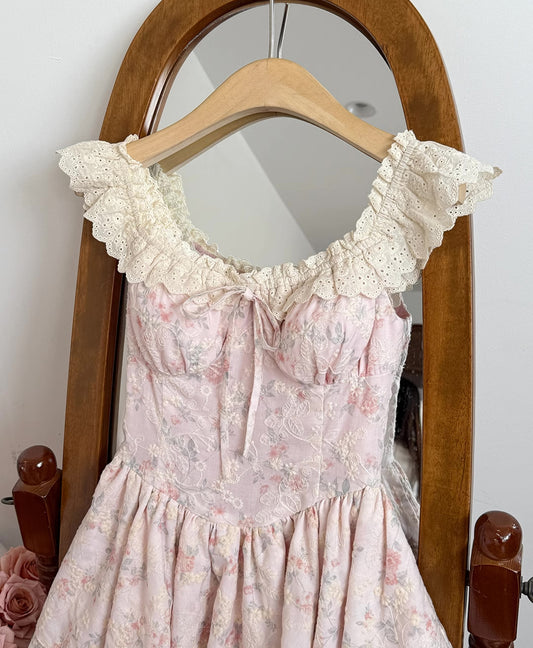 Floral Broderie Flutter Sleeve Mini Dress (Pink)