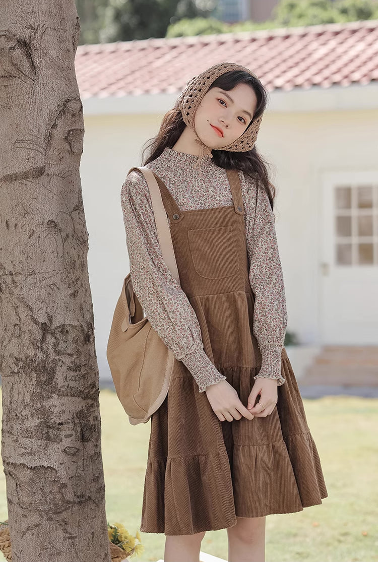 Tiered Corduroy Pinafore Dress & Blouse (Brown)