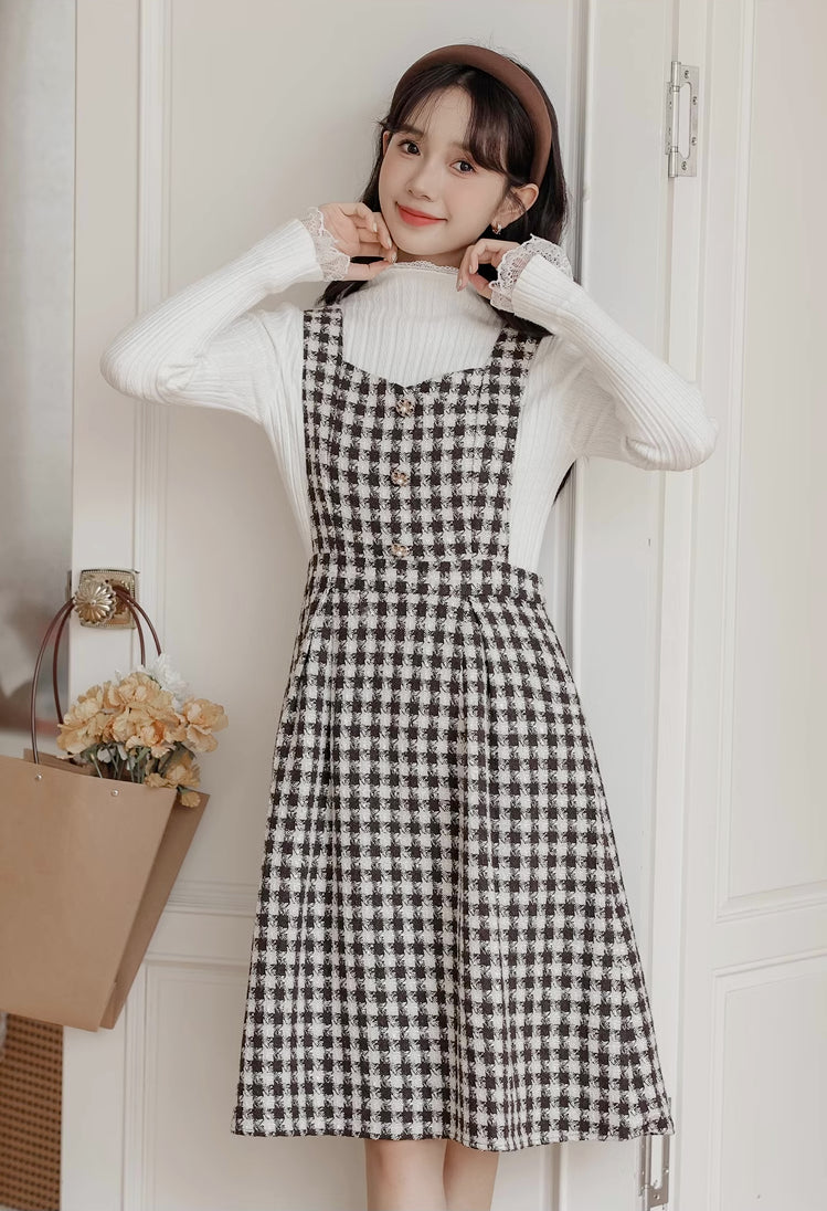 Gingham Tweed Pinafore Dress (Black Brown)