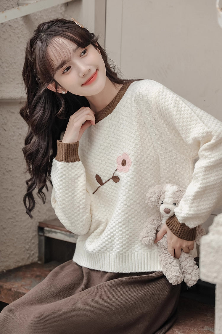 Waffle Knit Flower Sweater (2 Colors)