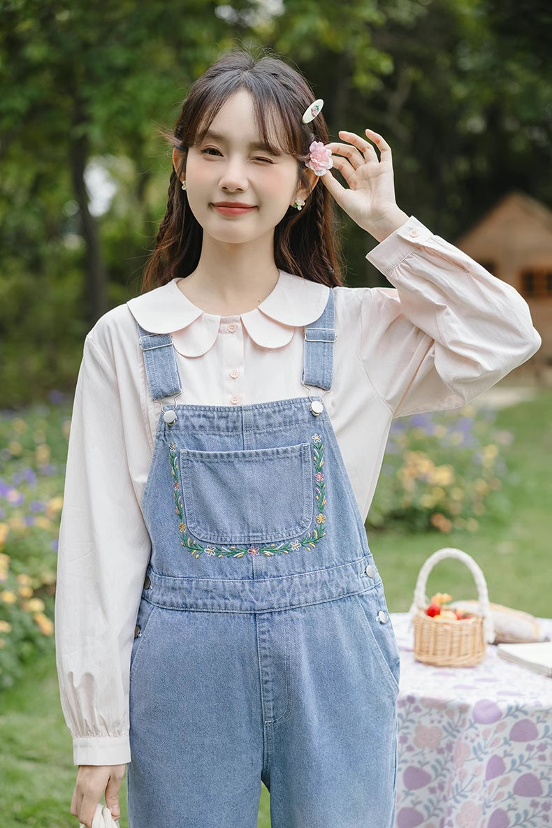 Retro Floral Embroidered Denim Overalls (Medium Blue)