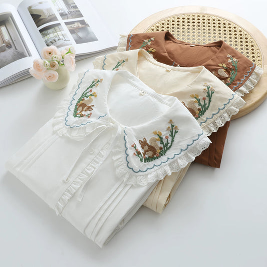 Peek-a-Squirrel Embroidered Blouse (3 Colors)