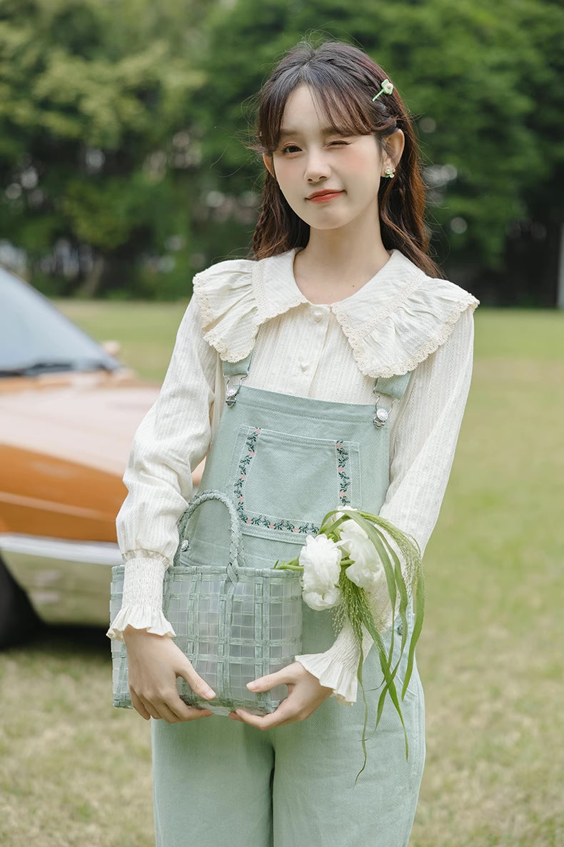 Flower Vines Embroidered Overalls (Green)