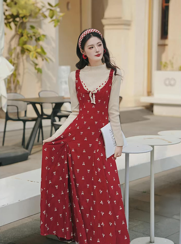 Lucky Bows Midi Dress (Red)
