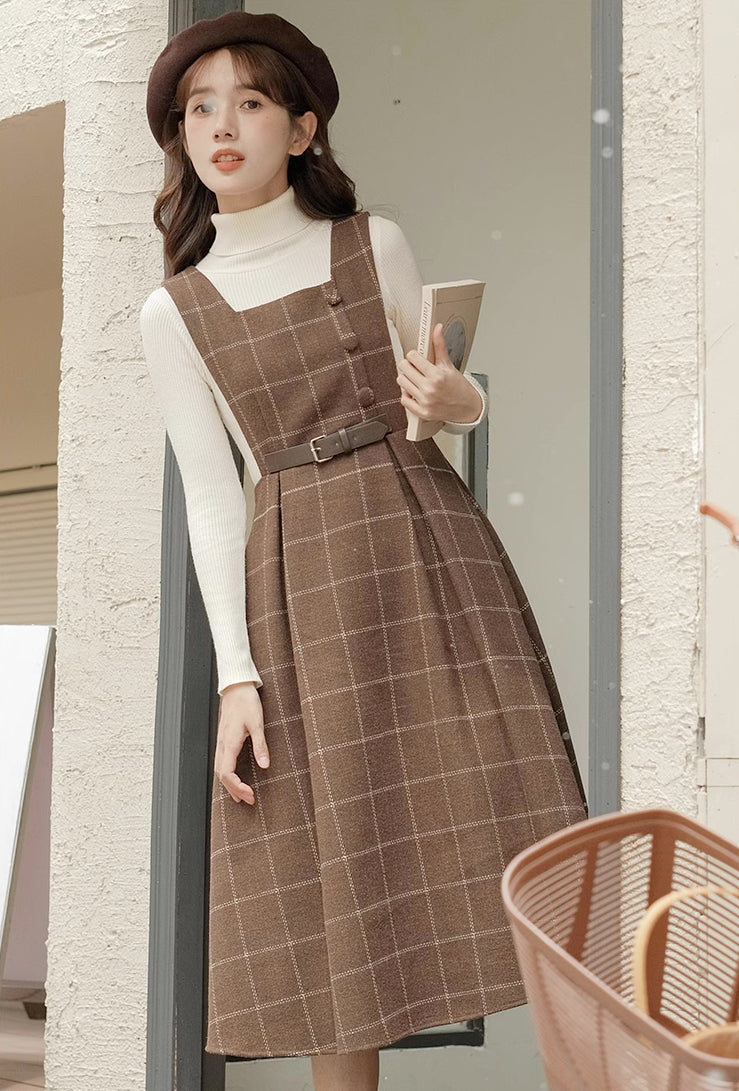 Belted Plaid Pinafore Dress (3 Colors)