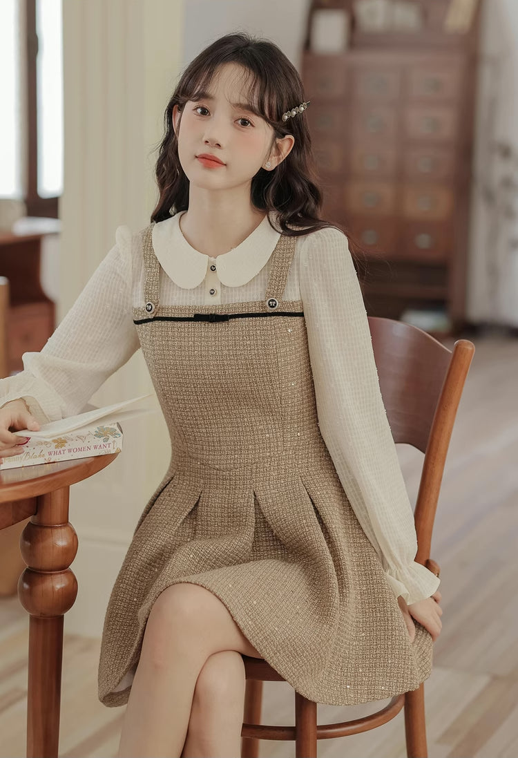 Latte Tweed Mini Twofer Dress (Khaki)