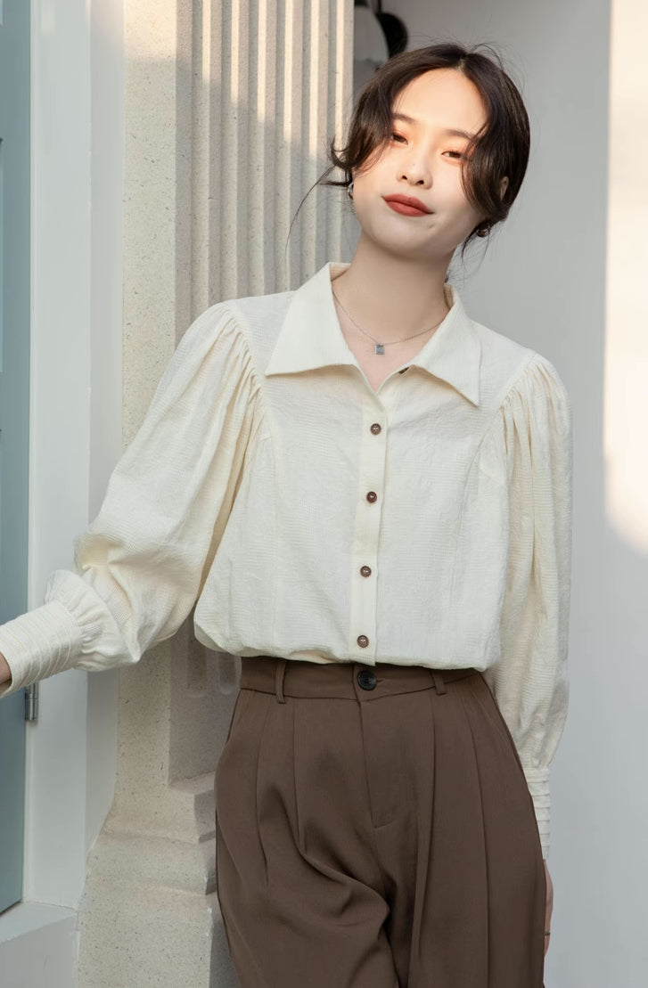 Textured Puff Sleeve Blouse (Cream)