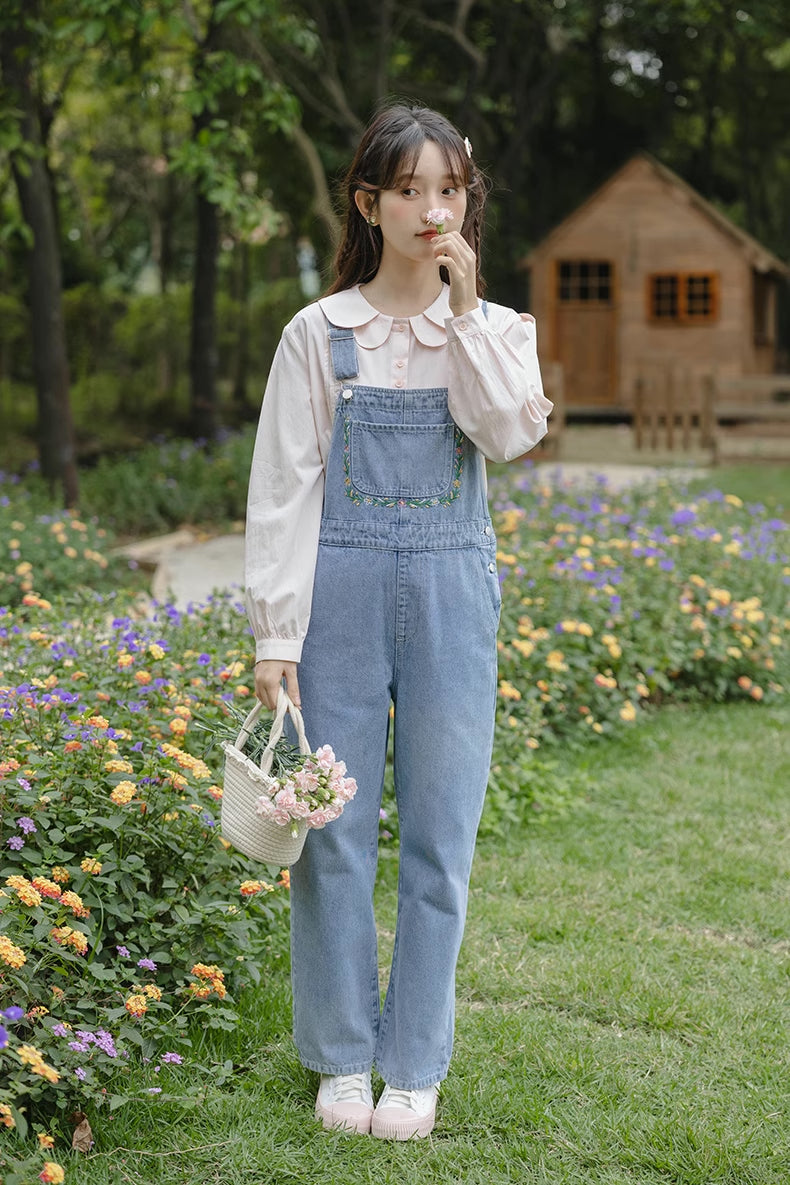 Retro Floral Embroidered Denim Overalls (Medium Blue)