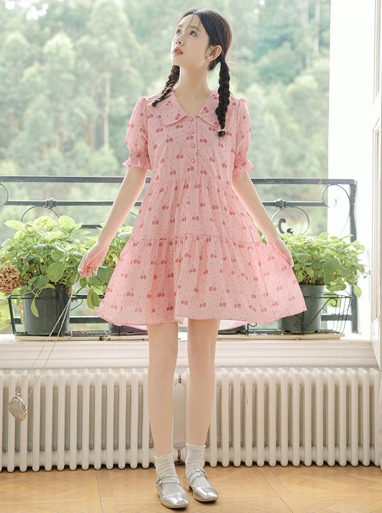 Sweet Cherry Tiered Shirt Dress (Pink)